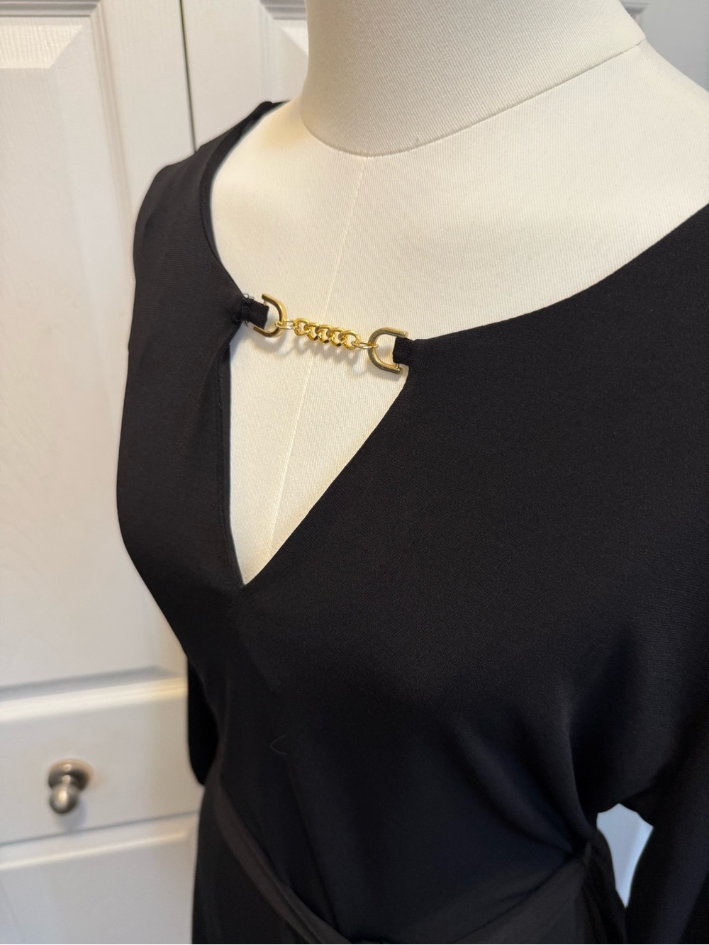 Michael Kors Black Long-Sleeve Dress with Gold Accent and Waist Tie - Picture 3 of 11